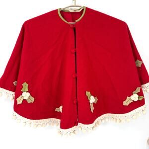 Restoration Hardware RH Vintage Red Wool Christmas Tree Skirt Holly Pompoms 54"